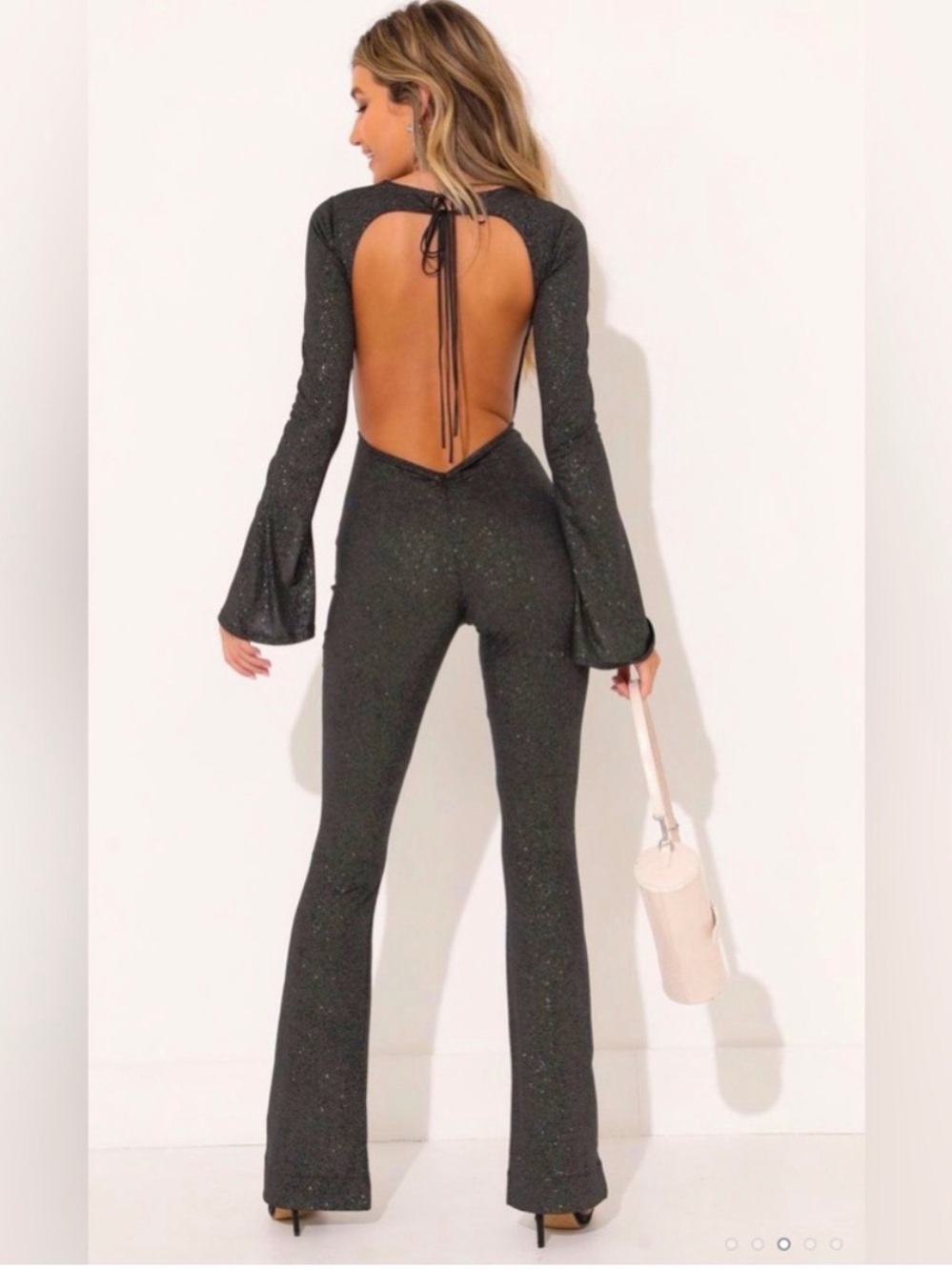 Lucy in the Sky Black Glitter Open-Back Bell-Sleeve Jumpsuit